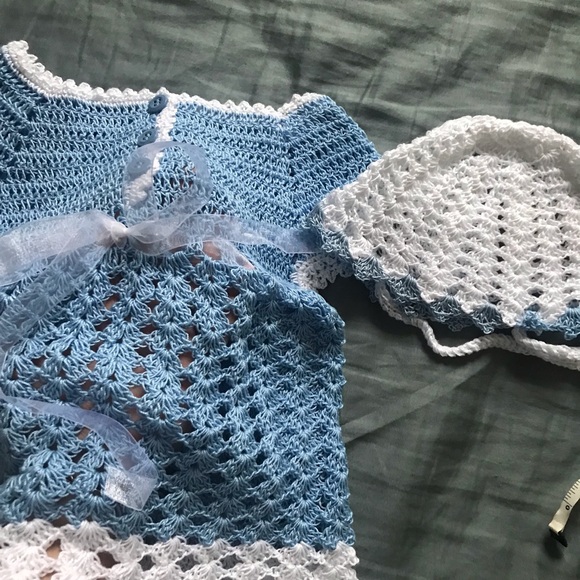 Crochet Blue and white New Born Baby Dress And Hat Read - Picture 5 of 9